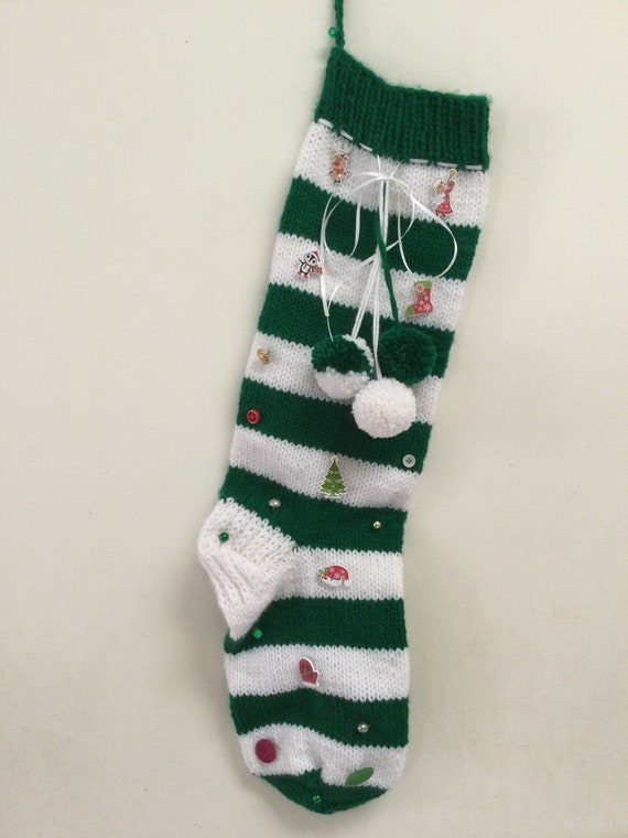 Green and white striped christmas stocking Clearance