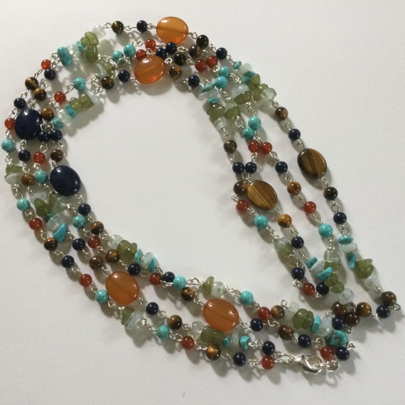 Vintage Mixed Gemstones long 37” Necklace- Agate,… - image 2