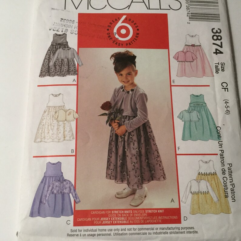 McCall\u2019s 3874 Sewing Patterns Uncut Girl Child Dress Dresses Sewing Size CF 4-5-6 Easy Kids Cloths Cardigan Girls Party Birthday Dresses