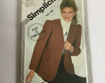 Simplicity 5136 Vintage Sewing Pattern, Uncut Misses Women’s Unlined Jacket. Women’s 1980s Sewing Patterns Size 18 & 20