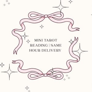 Könnte beinhalten: Ein rosa Band, das zu einer Schleife gebunden ist, mit weißem Hintergrund und dem Text "MINI TAROT READING | SAME HOUR DELIVERY".