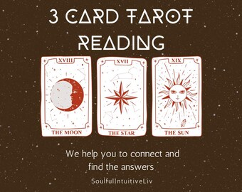 May include: An image featuring three tarot cards: The Moon, The Star, and The Sun. The cards are white with red and black illustrations. Text at the top reads "3 CARD TAROT READING." The bottom text says "We help you to connect and find the answers."