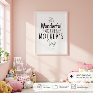 Maqueta de marco de pared para habitación infantil del Día de la Madre: Exhibición de arte infantil en tonos pastel para pósteres A3, A4 y A5, descarga instantánea en formato PSD.