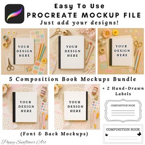 Puede incluir: Un paquete de archivos de maqueta Procreate con cinco maquetas de cuadernos de composición con el texto "Your Design Here". La imagen incluye etiquetas dibujadas a mano y elementos decorativos.