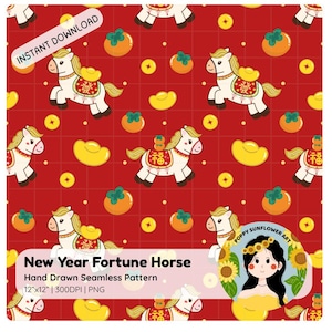 Può includere: Motivo senza cuciture con cavalli bianchi, dettagli dorati, lingotti d'oro, arance e monete su sfondo rosso. Il testo "New Year Fortune Horse" è visualizzato, insieme a "Instant Download". Il motivo è di 30,48 cm x 30,48 cm e 300 DPI.