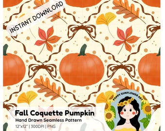 Fall Pumpkin Seamless Pattern | Cozy Autumn Digital Paper | Fall Leaves | Coquette Bow | Thanksgiving | Fall Fabric Scrapbook Paper Design