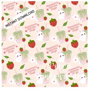 Modello senza cuciture con coniglietto Matcha alla fragola – Carta digitale Kawaii al tè verde, custodia per telefono Matcha, motivo in tessuto, simpatico design a sublimazione con coniglio