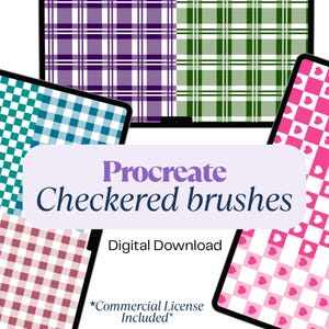 May include: Digital download of Procreate checkered brushes. The image displays various checkered patterns in teal, purple, green, pink, and red. The text "Procreate Checkered brushes" is in the center, with "Digital Download" and "*Commercial License Included*" below.