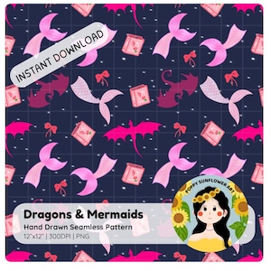 Dragons & Mermaids Seamless Pattern: Fantasy Coquette Design (Digital Download, PNG File, Commercial License Included)