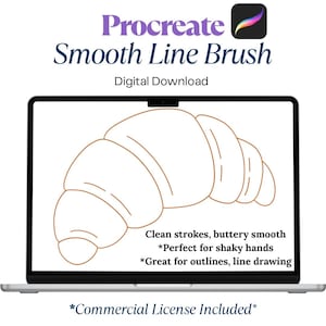 May include: A laptop screen shows a line drawing of a croissant. The screen also displays the text "Procreate Smooth Line Brush" and "Digital Download." Additional text reads "Clean strokes, buttery smooth" and "Commercial License Included."