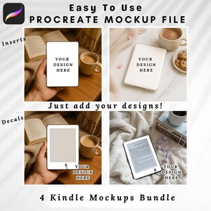 Pode incluir: Um pacote de quatro mockups Kindle com o texto "Easy To Use PROCREATE MOCKUP FILE" e "Just add your designs!". Cada mockup apresenta um Kindle com o texto "YOUR DESIGN HERE". O pacote é rotulado como "4 Kindle Mockups Bundle".