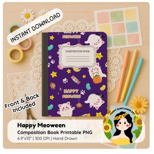 May include: A purple composition book with a Halloween-themed design featuring white cat illustrations, stars, and candy. The cover includes the text "Happy Meoween" and "Composition Book". The book measures 6.9"x10".