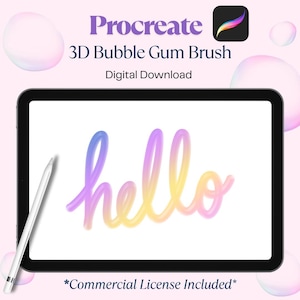 May include: A digital art design on a tablet, featuring the word "hello" in a gradient of blue, purple, and yellow. The tablet is black, with a white stylus. The image includes text that says "Procreate 3D Bubble Gum Brush Digital Download" and "*Commercial License Included*".