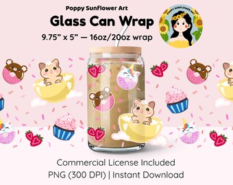 May include: A glass can wrap with a cute design featuring cartoon animals, donuts, cupcakes, and strawberries. The wrap is 9.75" x 5" and fits a 16oz/20oz can. The background is pink with sprinkles. The text "Glass Can Wrap" is at the top.