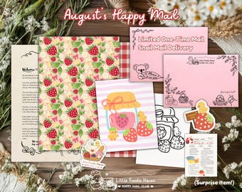 August Strawberry Snail Mail, Hand-Drawn Stationery Set, Art Print, Stickers, Letter, Scrapbook Paper & Colouring Sheet (One-Time Delivery)