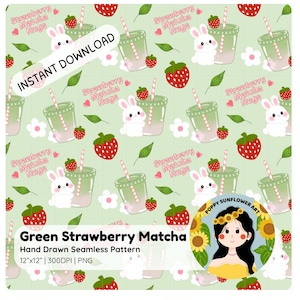 Könnte beinhalten: Nahtloses Muster mit grünen Erdbeer-Matcha-Getränken, Erdbeeren, weißen Hasen und Blumen auf hellgrünem Hintergrund. Der Text "Strawberry Matcha Hugs" wiederholt sich. Der Text "Instant Download" ist ebenfalls sichtbar.