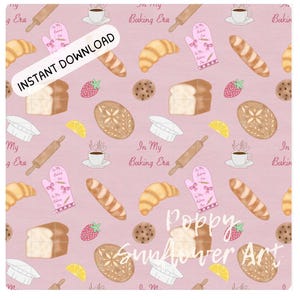 Modello PNG per panetteria ad acquerello / Design per tessuti da cucina / Pane, pasta madre, baguette, croissant, biscotti / Design per grembiule, guanto da forno e carta da forno