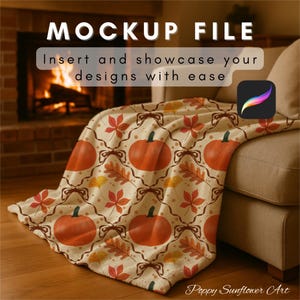 May include: A beige blanket with a repeating pattern of orange pumpkins, red and yellow leaves, and brown bows. The blanket is draped over a beige couch. The text "MOCKUP FILE" and "Insert and showcase your designs with ease" are visible.