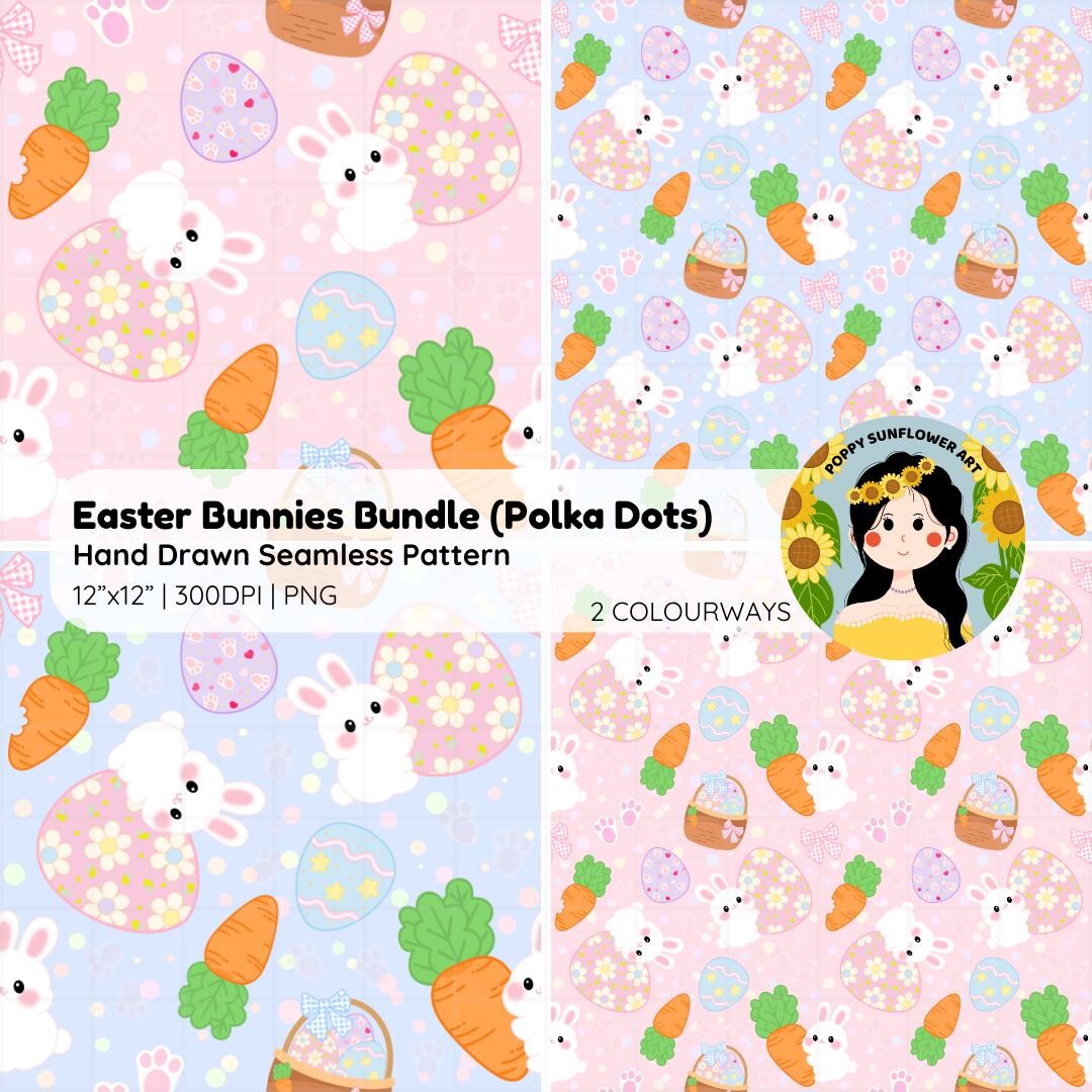 Easter Bunnies Seamless Pattern Bundle | Cute Polka Dots Spring Digital ...