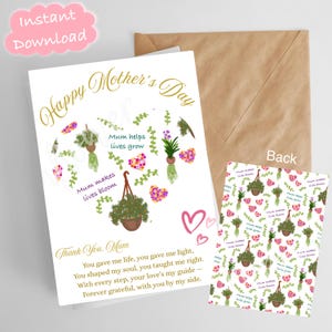 Carte imprimable pour la fête des Mères | Plantes Maman | Merci maman carte | Porte-cartes cadeau | Carte de voeux. Fichier PDF de haute qualité. Téléchargement instantané.