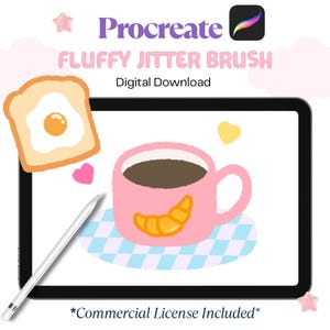 May include: Digital download graphic for Procreate, featuring a pink coffee cup with a croissant, toast with a fried egg, and the text "Fluffy Jitter Brush". Includes a stylus and the text "Commercial License Included".