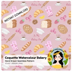 Può includere: Un motivo rosa senza cuciture con illustrazioni ad acquerello di prodotti da forno, tra cui croissant, pagnotte di pane e biscotti. Il design include mattarelli, cappelli da chef e tazze di caffè. Il testo recita "Download istantaneo" e "Coquette Watercolour Bakery".