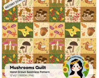 Mushroom Quilt Seamless Pattern | Autumn Woodland Digital Paper | Cozy Fall Forest Pattern | Composition Book Scrapbooking Fabric Design PNG