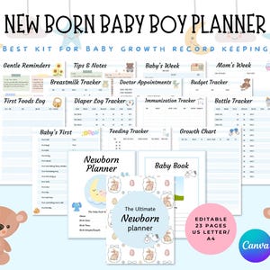 Puede incluir: Un planificador para bebé recién nacido con varias páginas de registro, incluyendo rastreadores de alimentación, pañales y citas médicas. El planificador presenta una combinación de colores azul y blanco suave con ilustraciones de osos de peluche y lunas. El texto dice "New Born Baby Boy Planner".