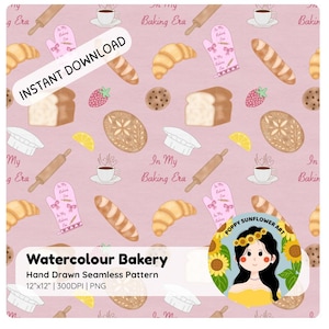 Puede incluir: Patrón de panadería en acuarela con ilustraciones de productos horneados, incluyendo cruasanes, panes, galletas y rodillos, sobre un fondo rosa. El texto "Descarga instantánea" es visible. El patrón es de 30,48 cm x 30,48 cm.