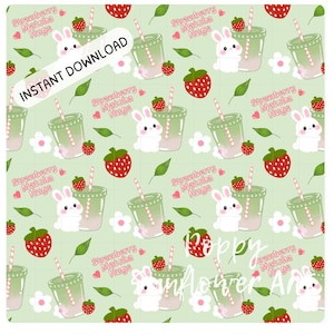 Modello senza cuciture con coniglietto Matcha alla fragola – Carta digitale Kawaii al tè verde, custodia per telefono Matcha, motivo in tessuto, simpatico design a sublimazione con coniglio