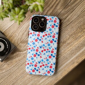 Patriotic Phone Case | Tough Cases with Red, White & Blue Flowers | Cute Phone Accessory for Celebrations, Gifts, USA Holidays