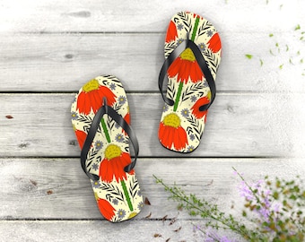 Floral Print Flip Flops - Colorful Summer Sandals, Beach Footwear, Vacation Essentials, Boho Style, Gift for Her