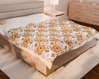 Floral Velveteen Plush Blanket - Cozy Throw, Home Decor, Gift for Her, Birthday, Wedding, Nursery, Soft Fabric Blanket
