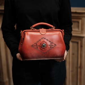 Handmade Tote Bag Doctor Bag Women Cute Leather Handbag+Canadian Natural Gemstones