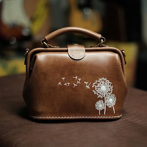 Handmade Tote Bag Doctor Bag Women Cute Leather Handbag Dandelion Flower Decoration
