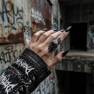 May include: A silver-toned ring with a dragon-like design, featuring a red stone accent. The ring is worn on a hand with long, black fingernails. The person is wearing a black leather jacket with white text and silver chain details.