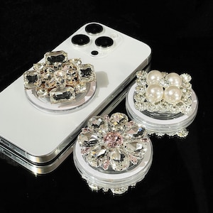 Flower Zircon Magnetic Phone Grip with Mirror, cystal Phone Stand summer style, glam nightclub MagSafe Holder Gift for Her, Kindle Support