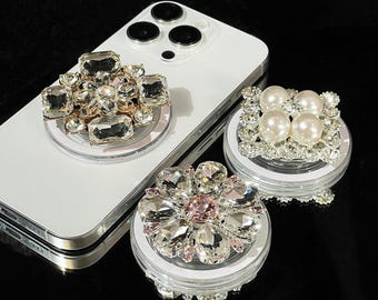 Poignée magnétique pour téléphone Flower Zircon avec miroir, support pour téléphone en cristal style estival, cadeau MagSafe pour boîte de nuit glamour pour elle, support Kindle