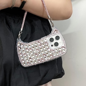 Funda para iPhone con diseño de bolso de diamantes de imitación: funda estilo bolso con cristales brillantes / funda para teléfono con purpurina femenina, un regalo de moda para las amantes de las fiestas con brillo.