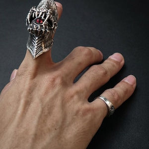 May include: A detailed silver ring in the shape of a dragon's head, featuring a red gemstone eye and sharp teeth. The ring is worn on a finger, with a simple silver band on another finger. The background is dark.