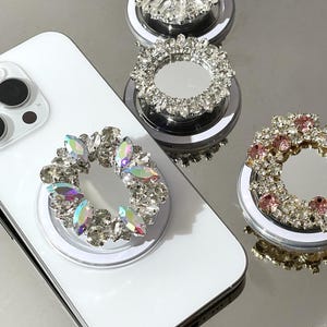 Agarre magnético de cristal para teléfono con espejo: Pop Socket con circón y diamantes de imitación, soporte universal para teléfono con brillo, regalo elegante para ella, soporte para Kindle.