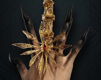 Gothic Queen Statement Jewelry cosplay Handmade Long Nail Filigree Spider Star Joint Ring