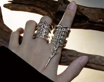 Handmade adjustable Finger Armor ring, Dark Academic Sterling Silver gothic Statement Ring set Gift