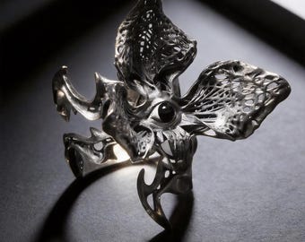 Bague gothique en argent sterling pour les yeux, sculpture organique d'avant-garde, bijoux surréalistes sombres