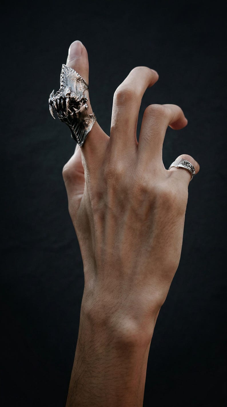 May include: A silver-toned ring with a detailed, textured design of a creature's head and jaws, worn on a finger. A smaller ring with a patterned band is also visible. The background is a dark, solid color.