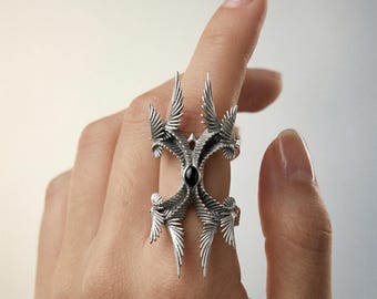 Bague aile d'ange en argent réglable, bijoux tendance gothiques, symétrie céleste