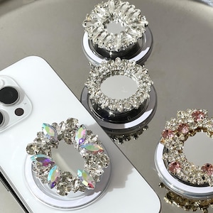 Flower Zircon Magnetic Phone Grip with Mirror, cystal Phone Stand summer style, glam nightclub MagSafe Holder Gift for Her, Kindle Support