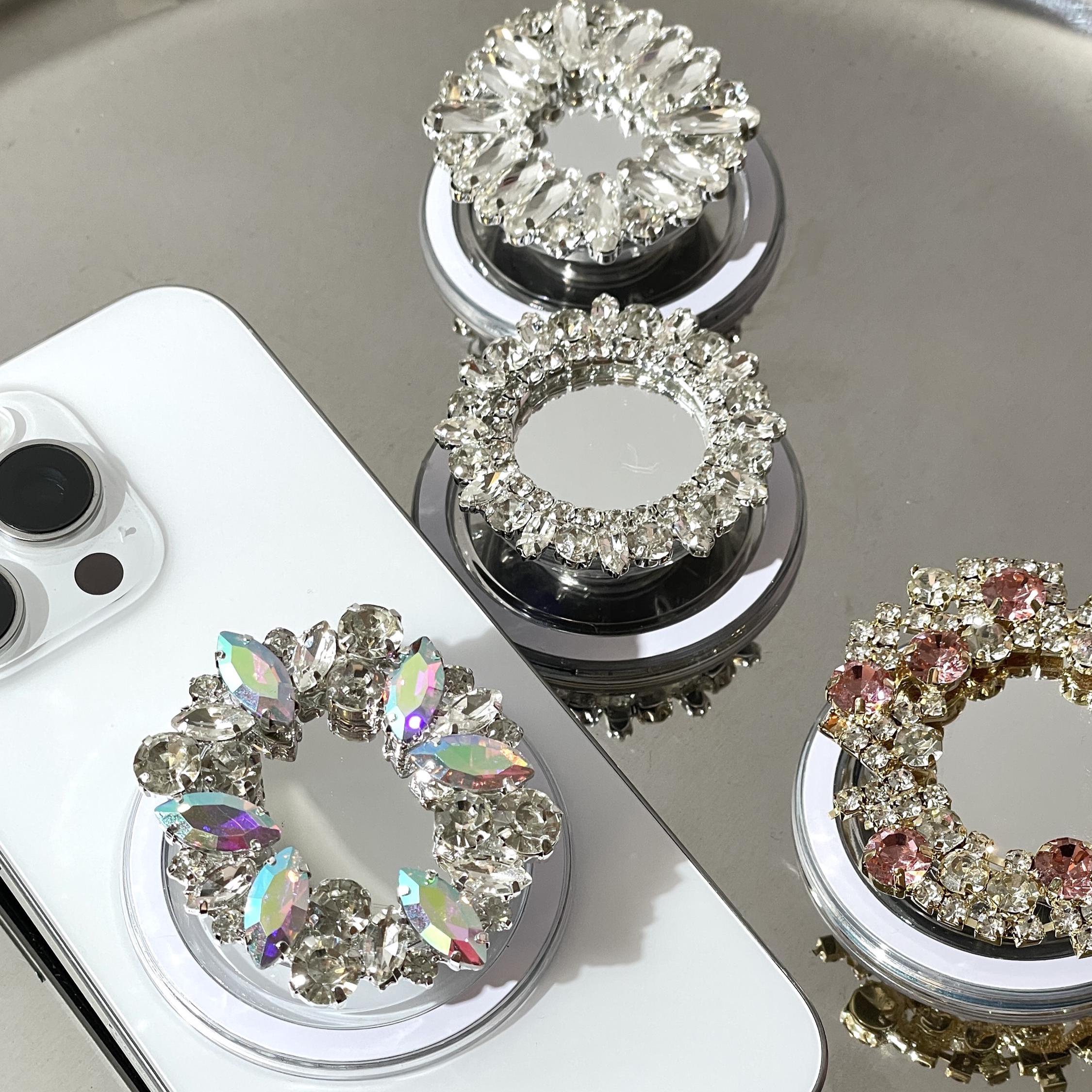 Flower Zircon Magnetic Phone Grip with Mirror, cystal Phone Stand summer style, glam nightclub MagSafe Holder Gift for Her, Kindle Support