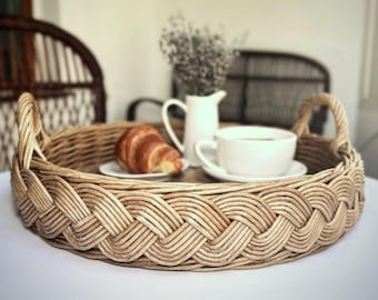 Large round wicker tray with handles, Serving tray, Breakfast tray, Handmade tray, Kitchen wicker tray, Round Basket Tray, Handled basket