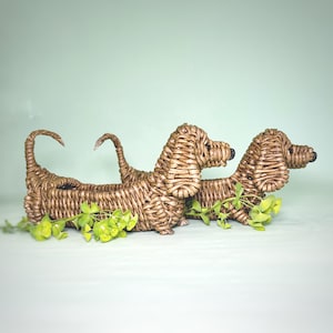 May include: Two woven wicker dachshund dog figurines with brown and tan coloring. The figurines are posed side by side with green leafy plants in front of them.